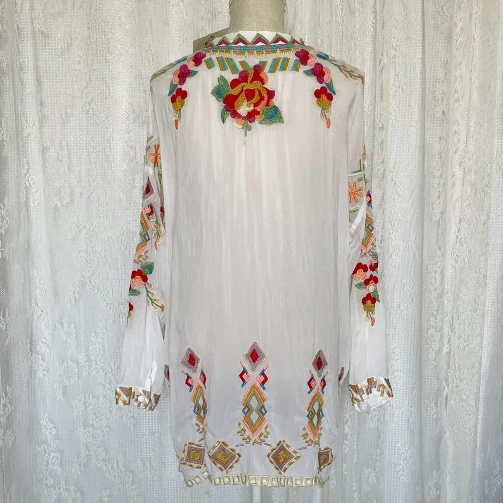 Johnny Was Women's Tunic Top Large Jessa White Sheer Embroidered Button Oversize - Picture 4 of 8